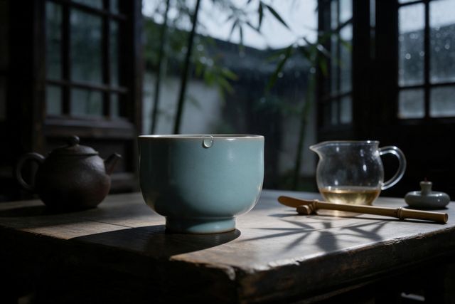 江南旧宅雨后 木格窗下的青瓷茶席 - 02